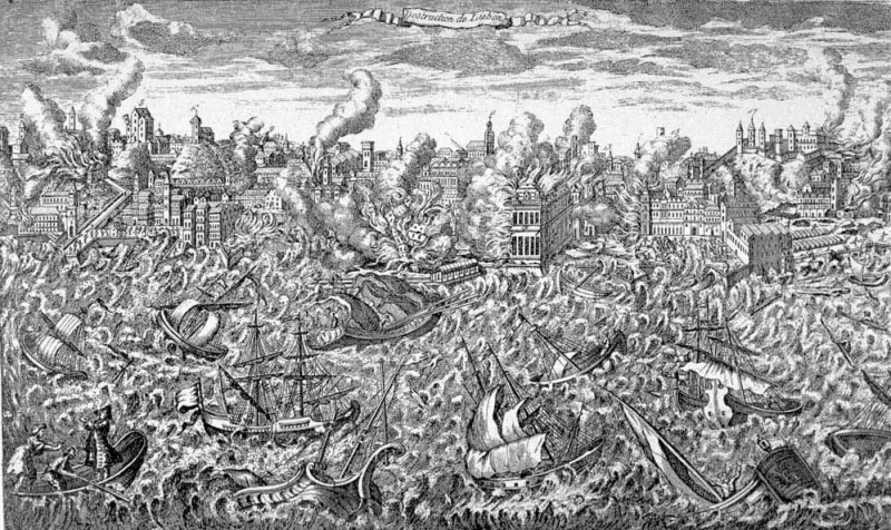 A 1755 engraving of Lisbon in ruins, the disaster that pressed this question on Enlightenment Europe