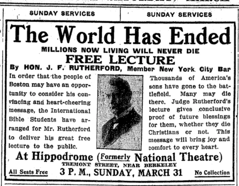 A March 1918 Boston Globe advertisement for a Rutherford lecture at the Hippodrome