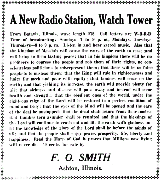 A 1925 advertisement for radio station WORD, licensed to a Watch Tower corporation