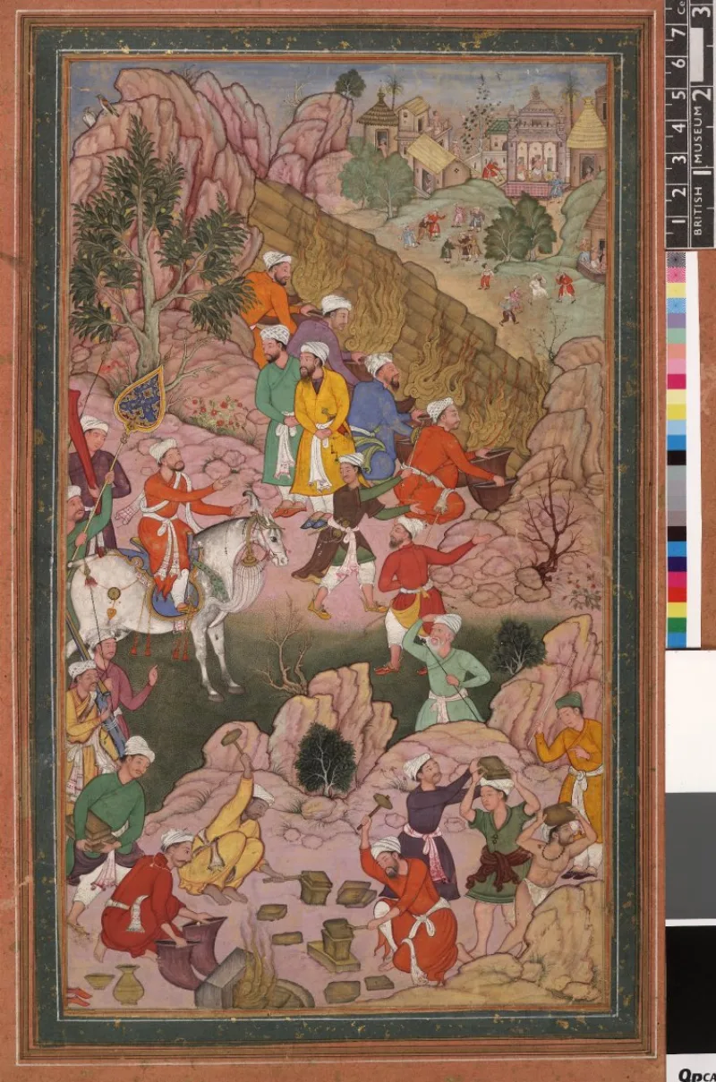 Iskandar building a brazen wall against Gog and Magog, a Persian manuscript painting