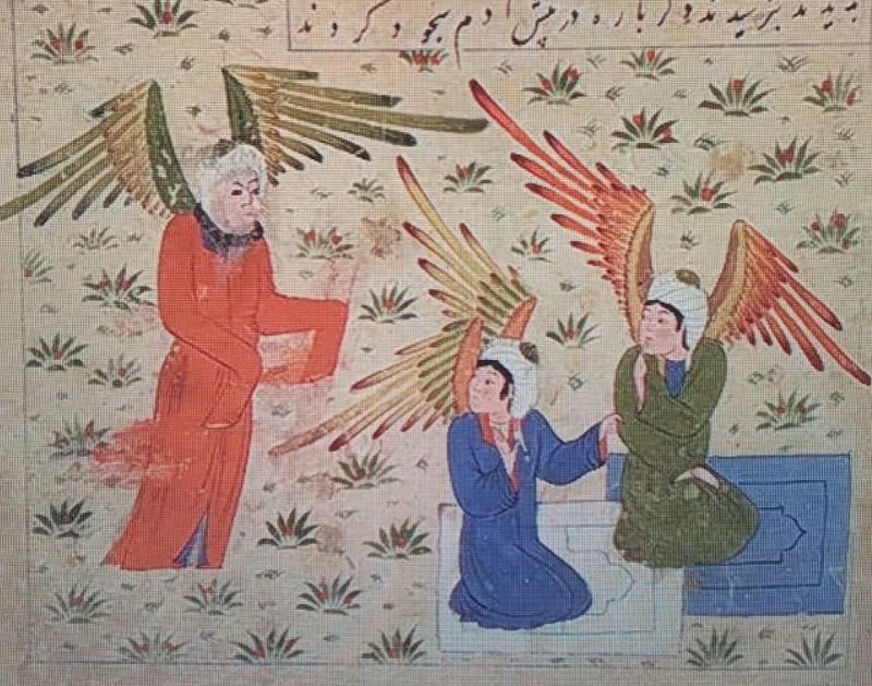 Two angels see Iblis refuse to bow to Adam, from al-Tusi's Wonders of Creation