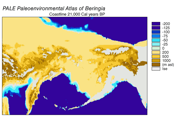 A map of the Bering land bridge, the route the genetic evidence supports for the first Americans