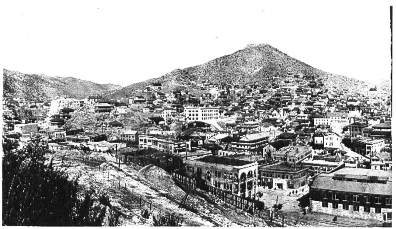 Bisbee's historic residential district photographed around 1900; a period view of the town, not the case