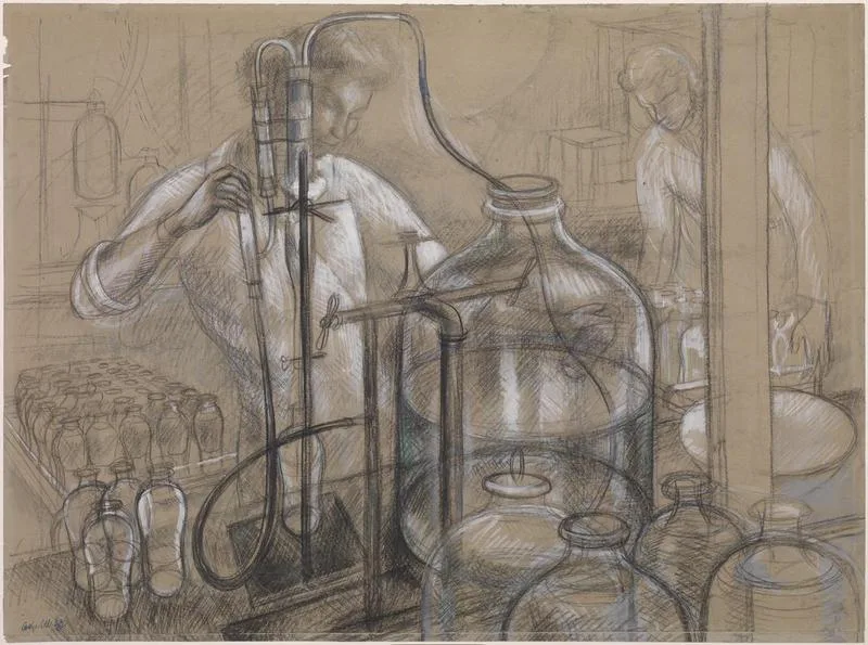 Citrate solution poured into blood bottles at a wartime transfusion centre, painted in 1943