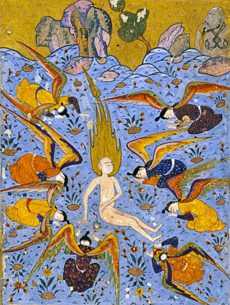 A manuscript painting of the angels prostrating to Adam while Iblis alone refuses