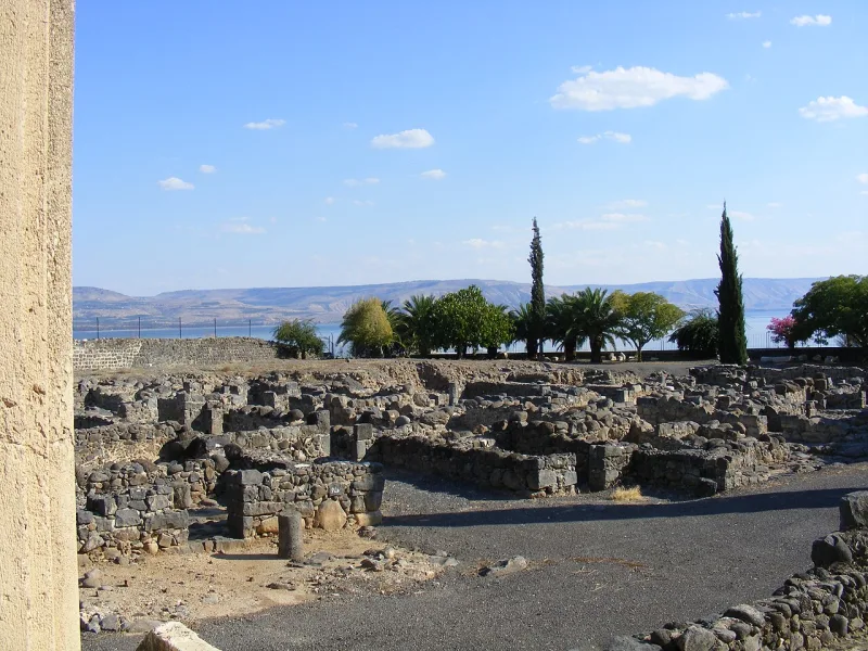 The synagogue ruins at Capernaum, standing over the first-century building the Gospels describe