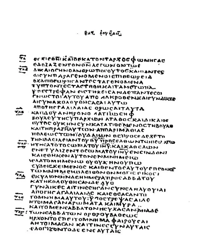 Codex Bezae at Luke 23:47 to 24:1, written in the continuous script that carried no punctuation