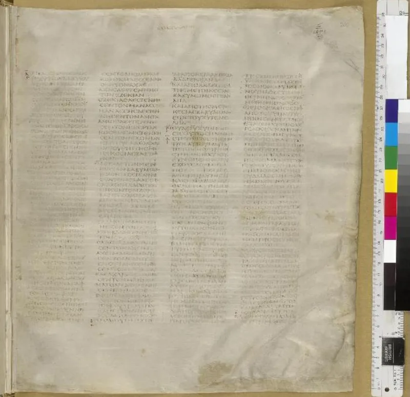 The first page of Matthew in Codex Sinaiticus, a fourth-century Greek Bible manuscript