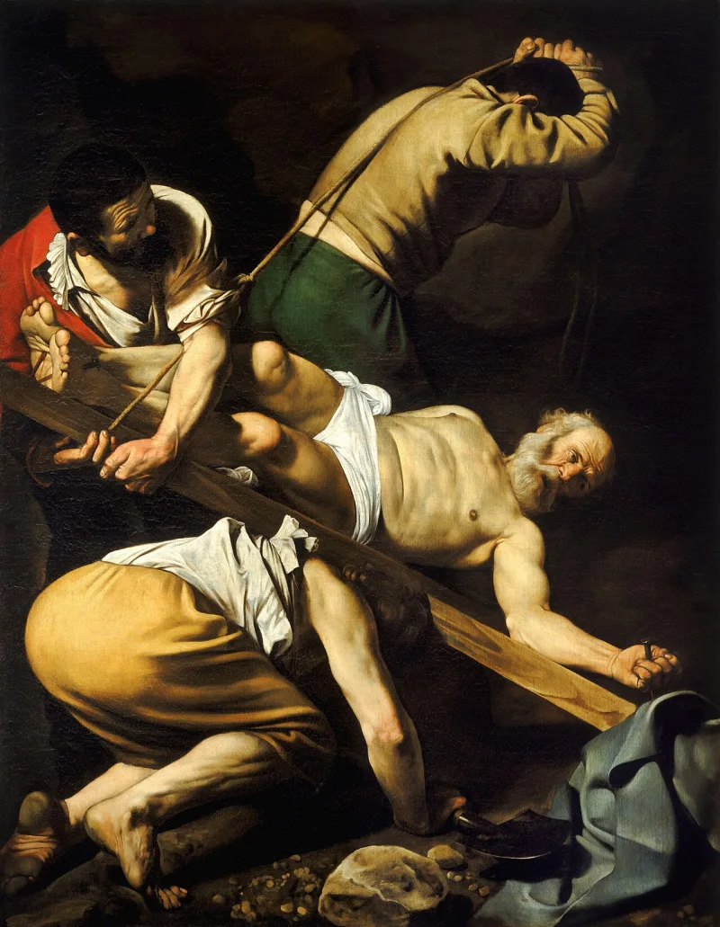 Caravaggio's Crucifixion of Saint Peter, a scene from later tradition rather than any New Testament text