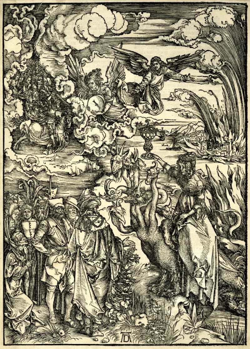 Dürer's Whore of Babylon, 1498, riding the scarlet beast described in Revelation 17