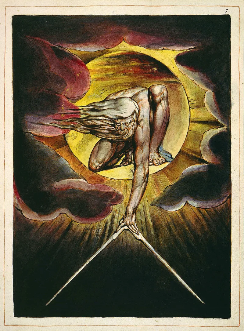 Blake's frontispiece to Europe a Prophecy, 1794, long known as The Ancient of Days after Daniel 7