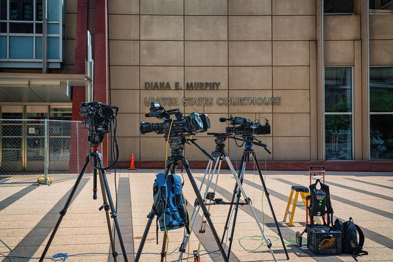 News cameras outside a Minneapolis courthouse in 2020, a representative image, not the 2019 confrontation