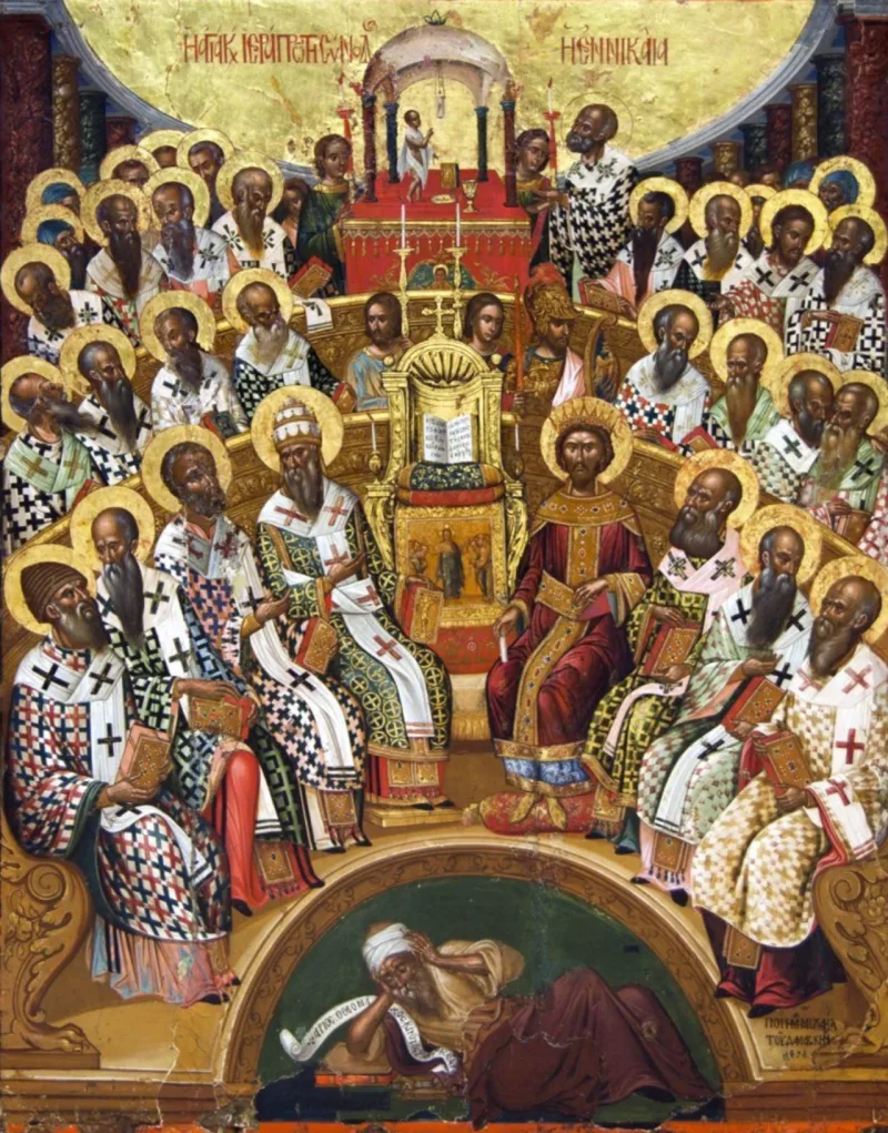 Damaskinos's icon of the Council of Nicaea, 325, the meeting the Da Vinci story misdescribes