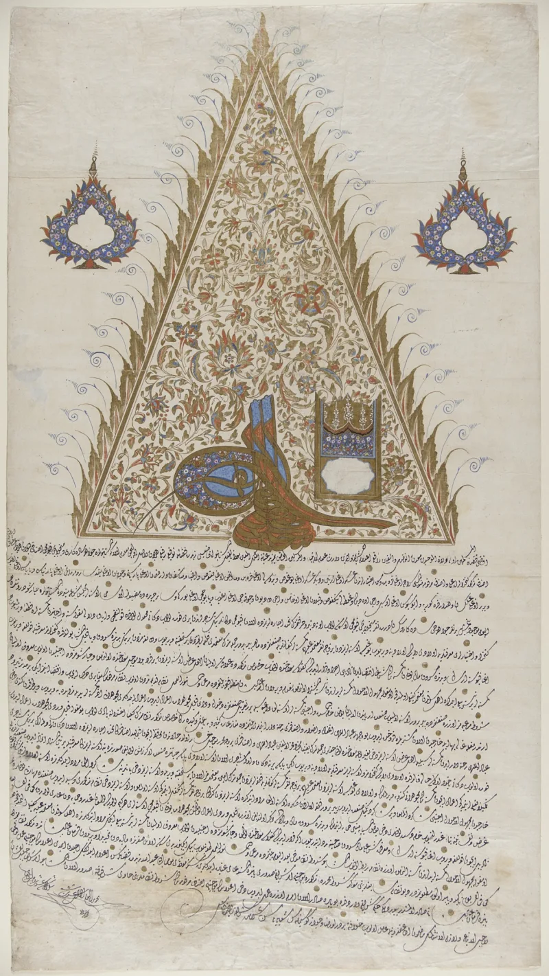 An illuminated Ottoman firman bearing the tughra of Sultan Selim III, a decree of law