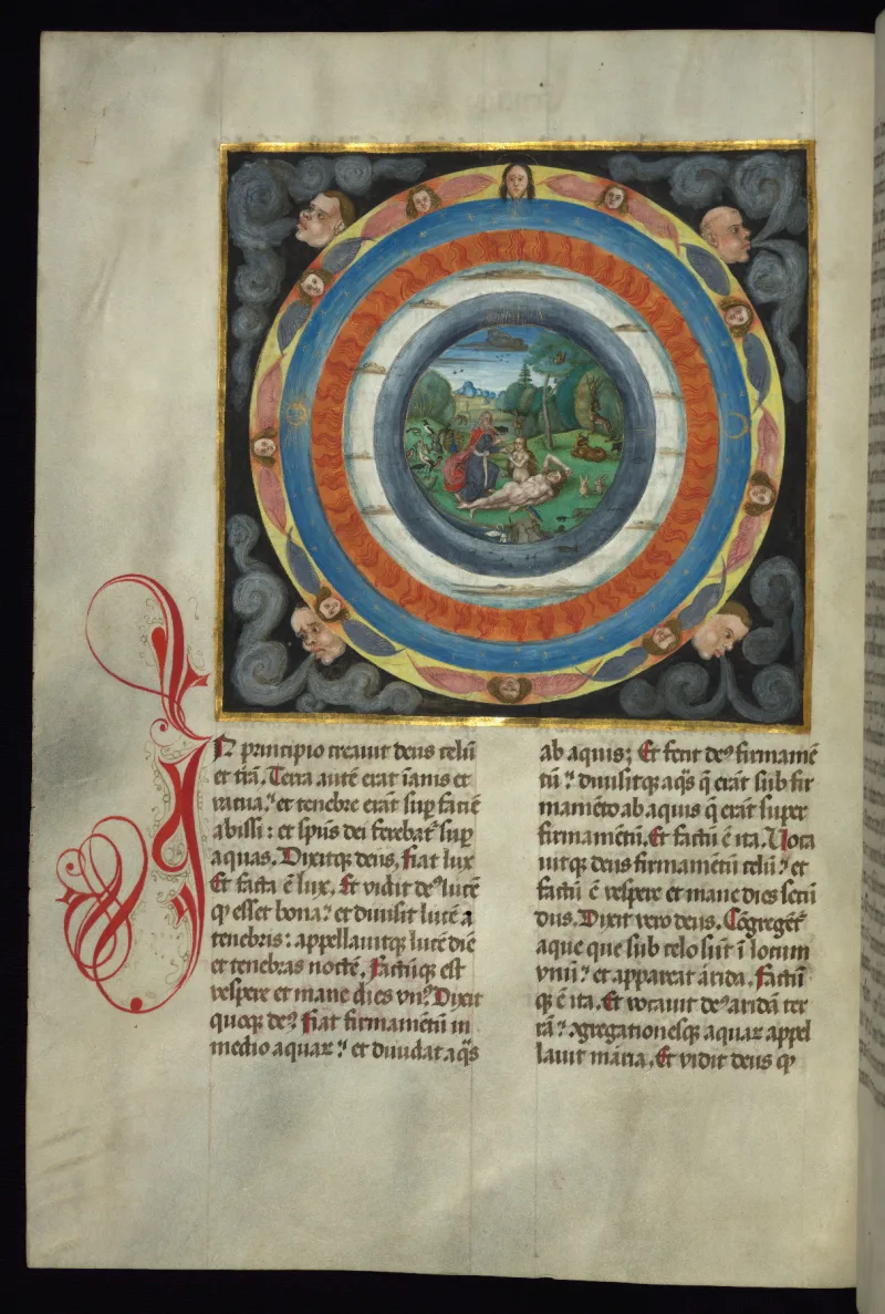 An illuminated Genesis of 1507, setting the creation account inside a cosmographic scheme