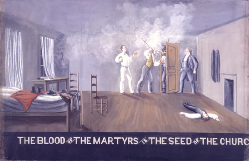 Christensen's painting of the Carthage Jail interior; the oath named the prophets killed there