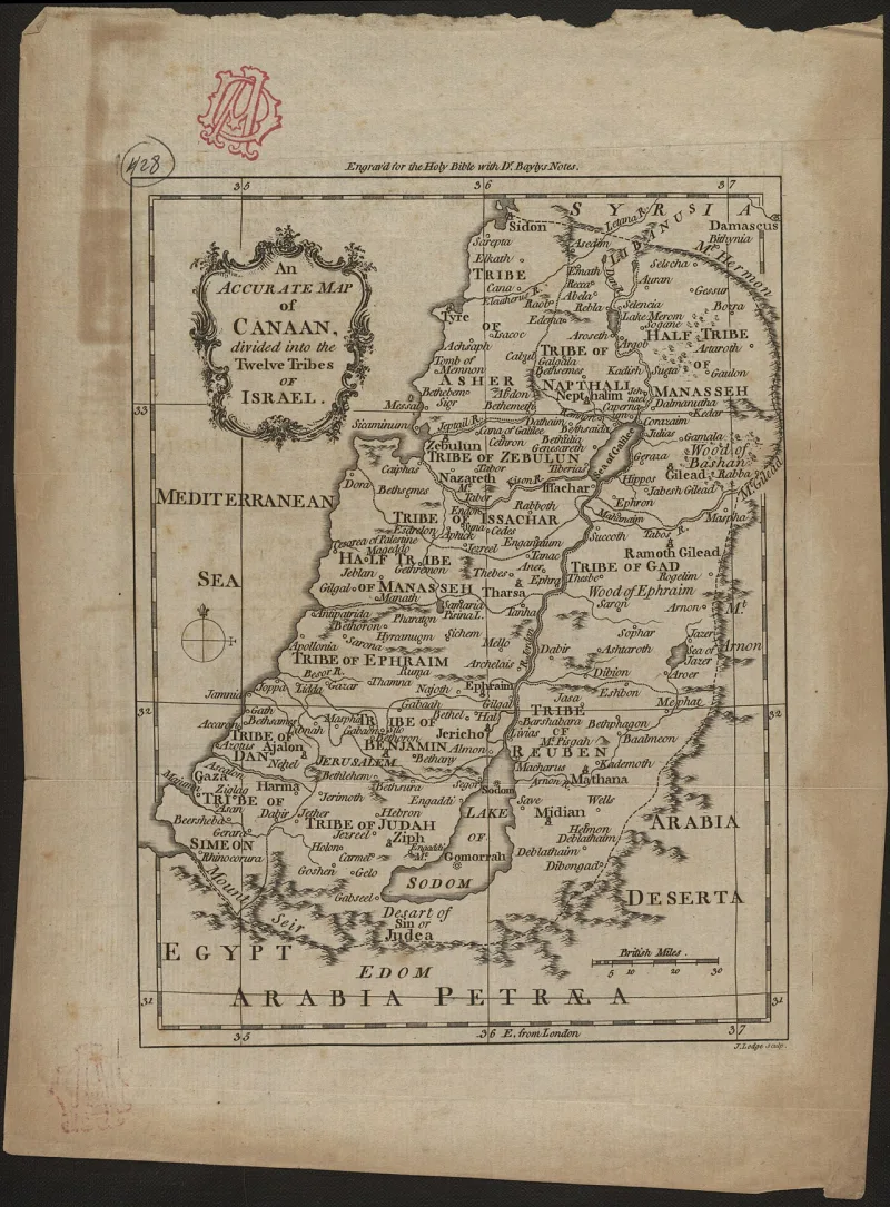 John Lodge's engraved map of Canaan divided among the twelve tribes, published for eighteenth-century Bible readers