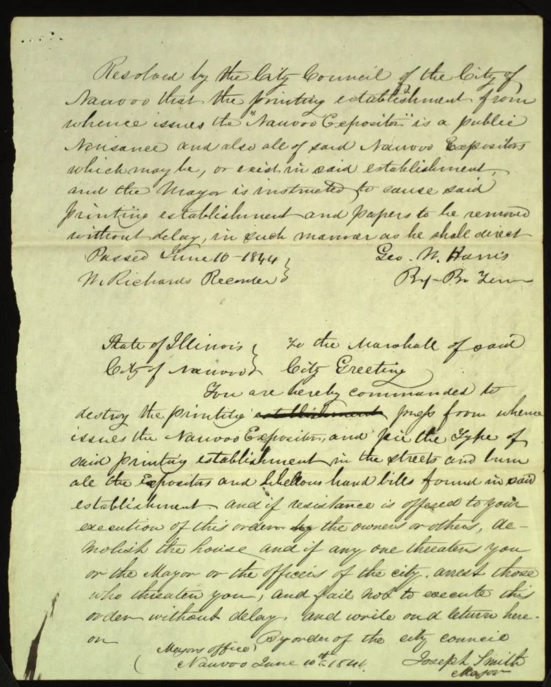 The mayor’s order of 10 June 1844 directing the city marshal to destroy the press