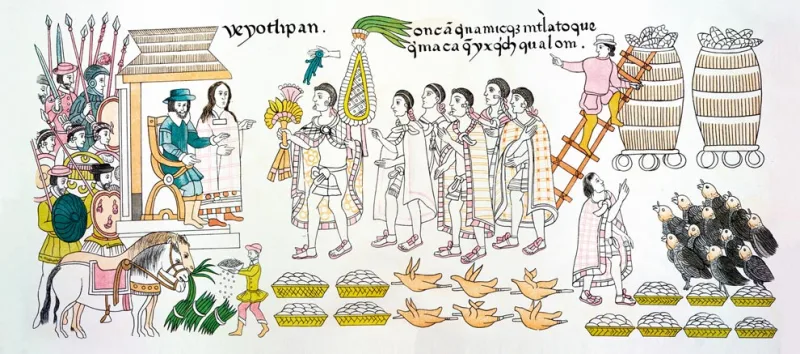 A Tlaxcalan painting of Cortés's troops with their horses, the animals' documented reintroduction to Mexico