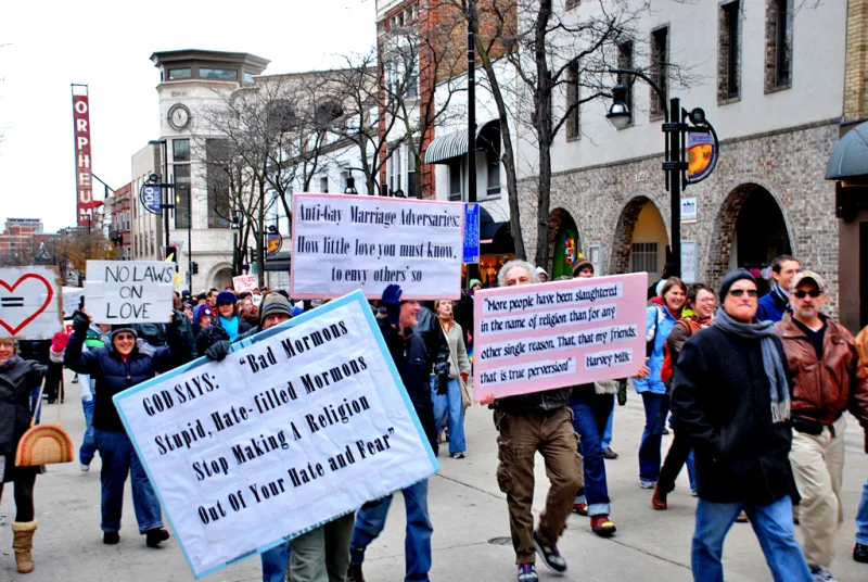A 2008 protest against Proposition 8; the campaign drew heavy Latter-day Saint funding