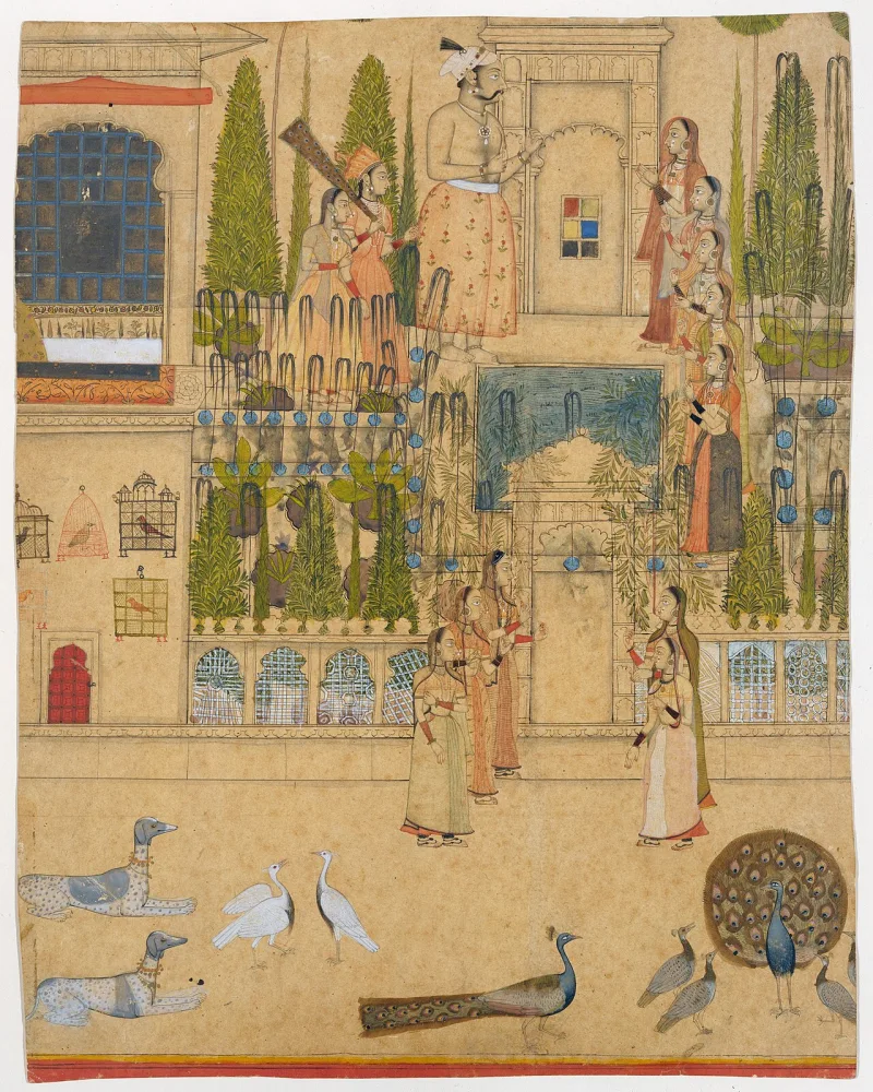 An Indian court painting of ladies at a palace garden — courtly art, not a Qur'anic illustration