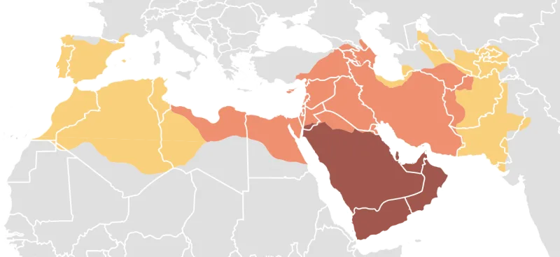 A map of the caliphate's expansion; conquest was rapid, but conversion of the conquered took centuries