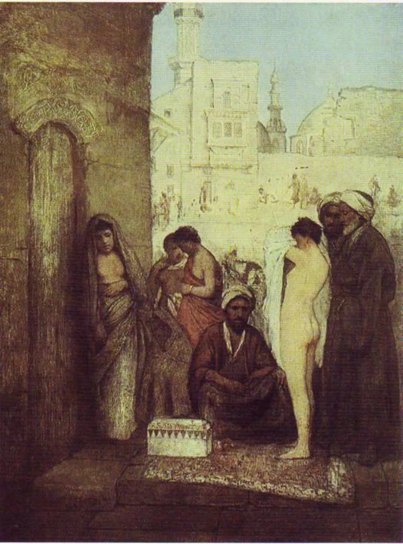 Gottlieb's Cairo Slave Market, 1877 — a European painting of the period, not a documentary record