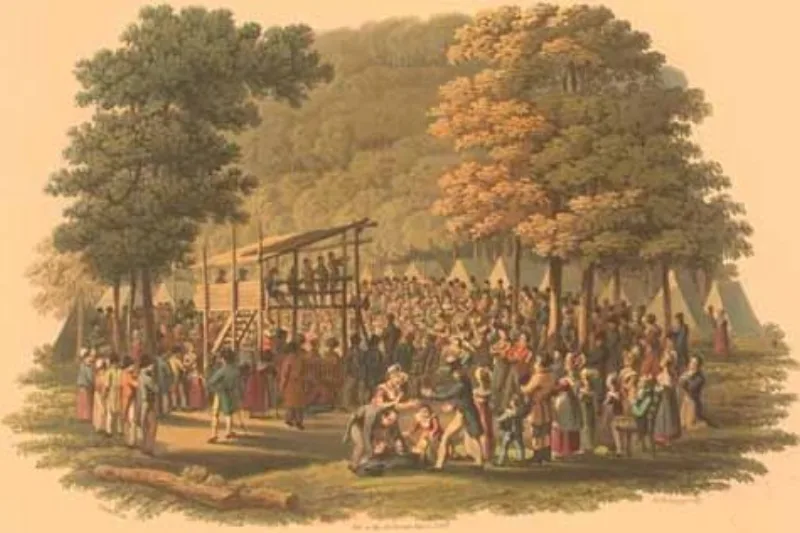 An 1819 engraving of a Methodist camp meeting, the revival form the 1838 account describes