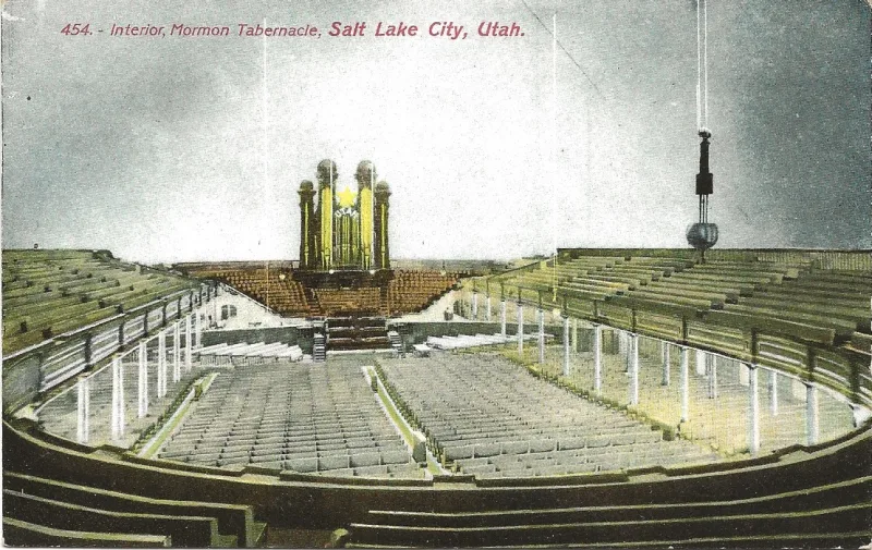 The interior of the Salt Lake Tabernacle on a postcard of about 1910; its choir was renamed in 2018