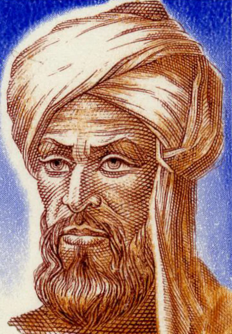 Al-Khwarizmi on a Soviet stamp — an imagined likeness; dividing estates drove much of early Islamic algebra