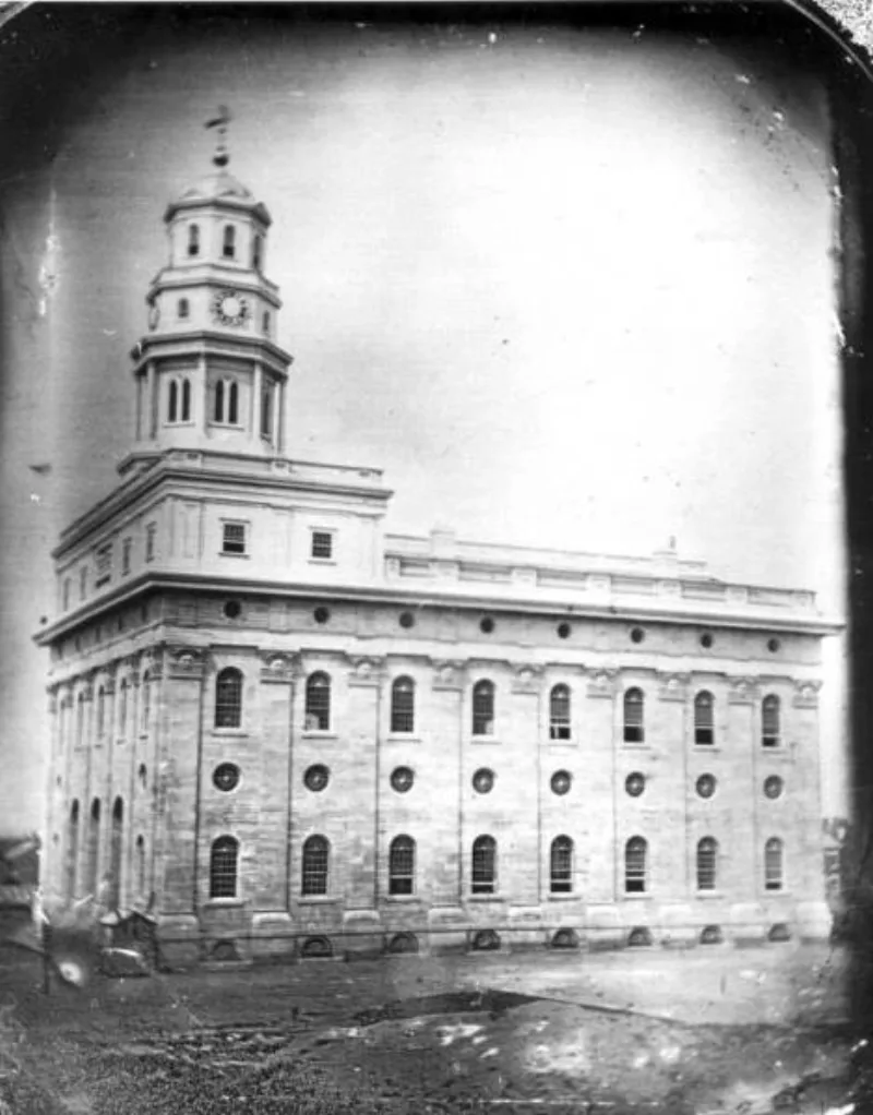 The Nauvoo Temple about 1846; the ordinance began at Nauvoo in September 1843