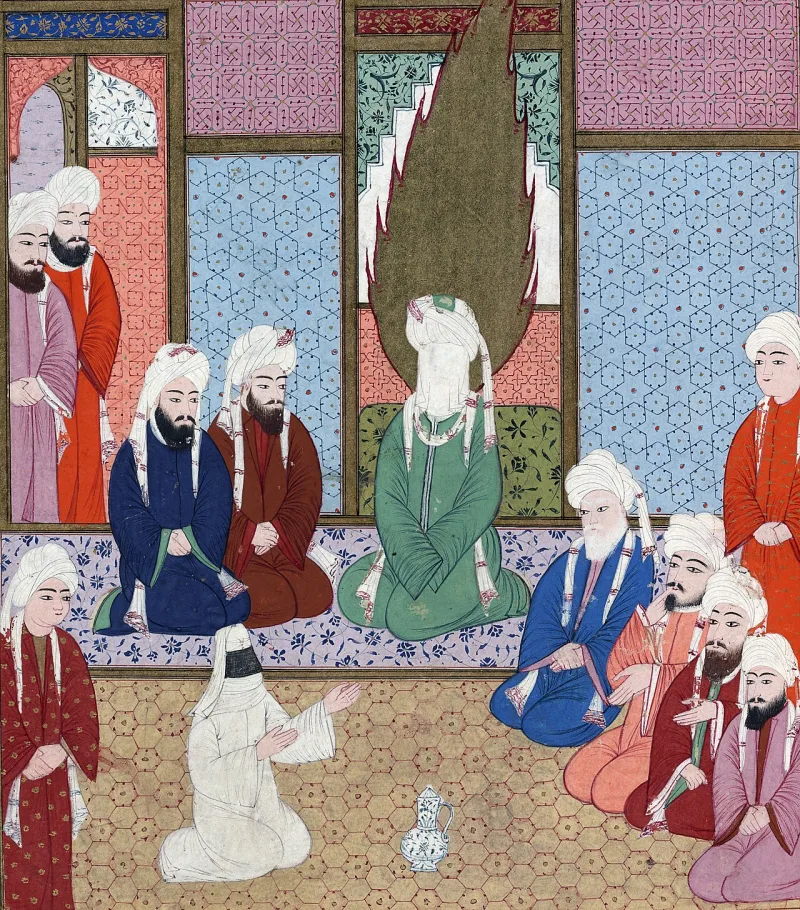 Khawlah bint Hakim proposing Aisha's marriage to Muhammad, a representative Ottoman scene, not Surah 66