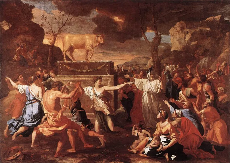 Poussin's Adoration of the Golden Calf, 1633 — Exodus 32 credits the calf to Aaron