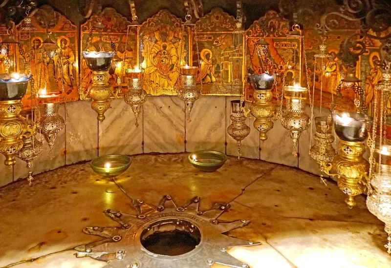 The fourteen-pointed star beneath the Church of the Nativity, marking the spot venerated as Jesus' birthplace