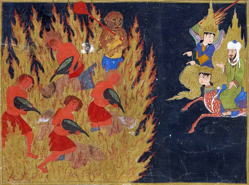 A fifteenth-century manuscript painting of a visit to hell, from Islamic visionary literature