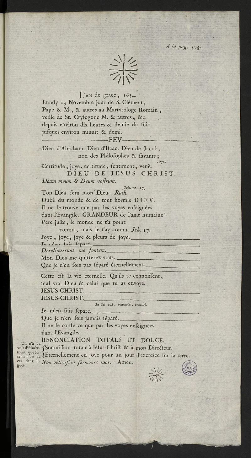 Pascal's Mémorial in the Condorcet edition, the record of the night that converted him