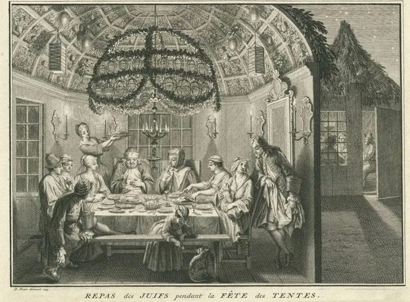Bernard Picart's 1724 engraving of a Jewish family eating in a sukkah during the Feast of Tabernacles