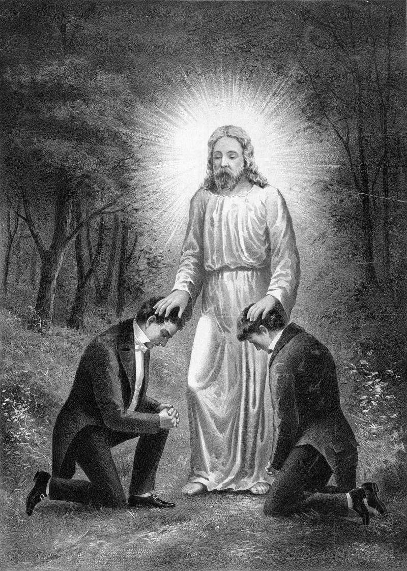 An 1898 engraving of the claimed restoration of the Aaronic priesthood, drawn long after the event