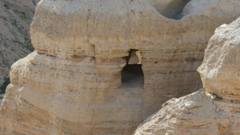 The cliffs at Qumran above the Dead Sea, where the scrolls were found from 1947 onward
