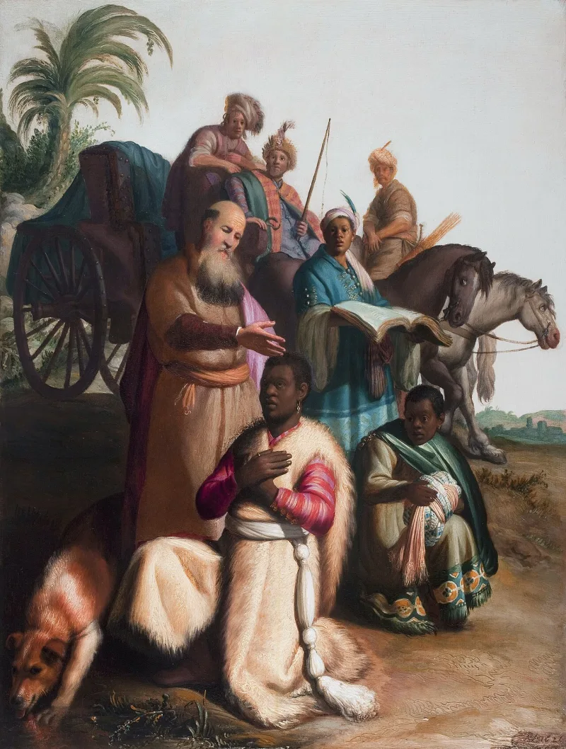 Rembrandt's Baptism of the Eunuch, 1626; Acts 8 records an African official baptised by Philip