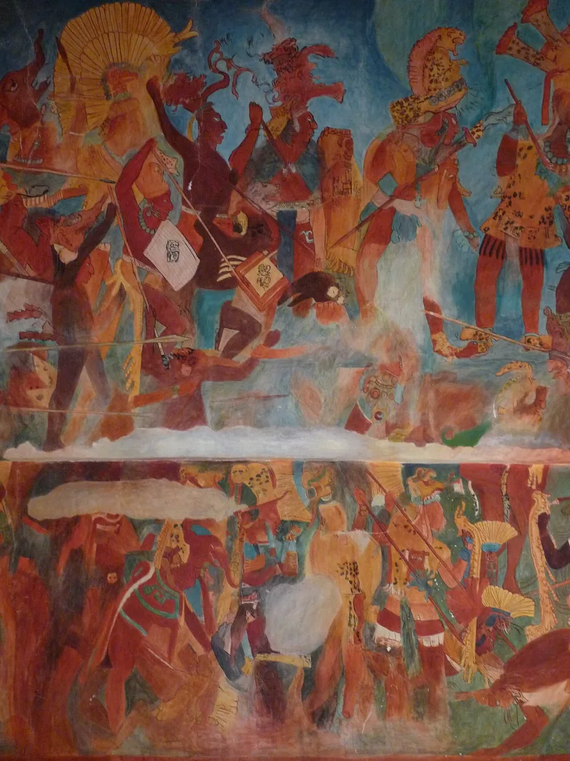 A reproduction of the Bonampak murals, c. 790 AD, showing Maya court and warfare