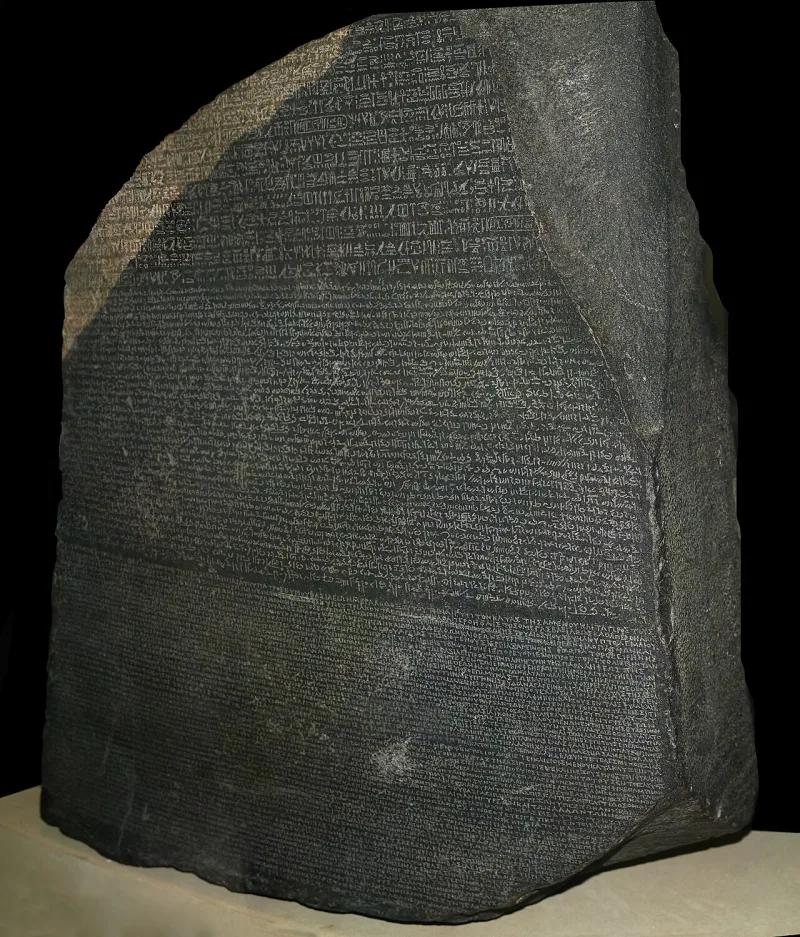 The Rosetta Stone; genuine decipherment needs a bilingual key, which the Kinderhook characters never had