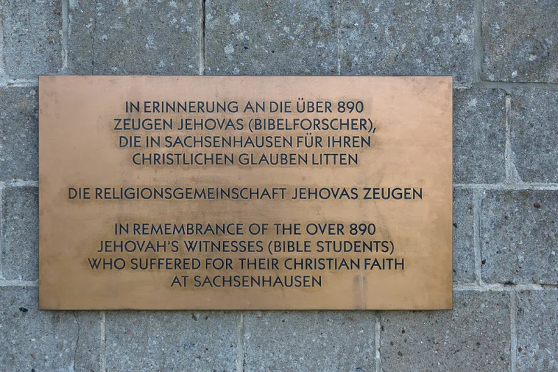 Memorial plaque at Sachsenhausen concentration camp, where Witnesses were held for refusing military service