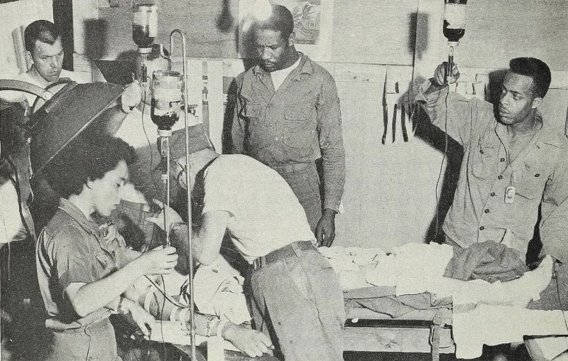 A casualty receiving blood in a wartime surgical hospital; Witnesses decline transfusion but accept surgery