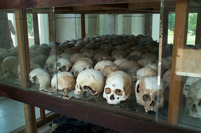 Skulls of Khmer Rouge victims from Cambodia's killing fields; the regime suppressed religion entirely