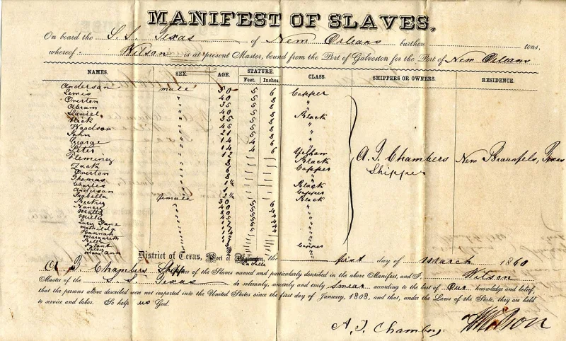 An 1860 slave manifest from the US National Archives, listing people shipped from Texas to New Orleans