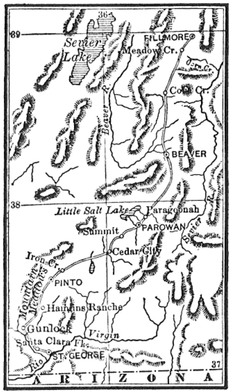 An 1857 map of southern Utah from Bancroft's history, the region where the massacre happened