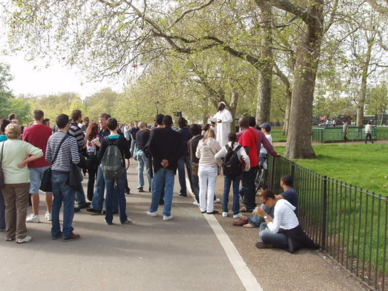 Speakers' Corner in Hyde Park, London, where the stack-of-Qurans routine is performed