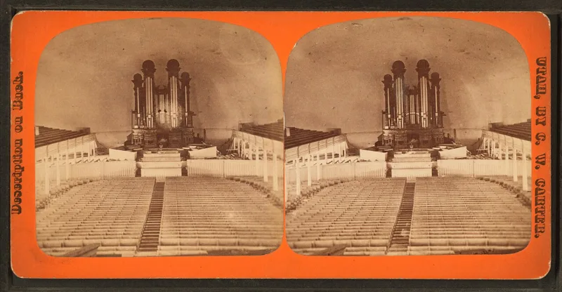 The Salt Lake Tabernacle interior in a nineteenth-century photograph, the hall from which those sermons were preached