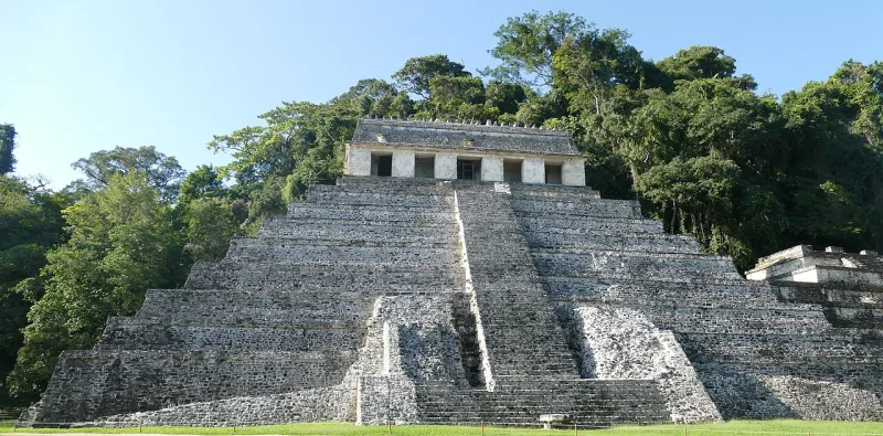 The Temple of the Inscriptions at Palenque; its texts are Maya, naming Maya kings